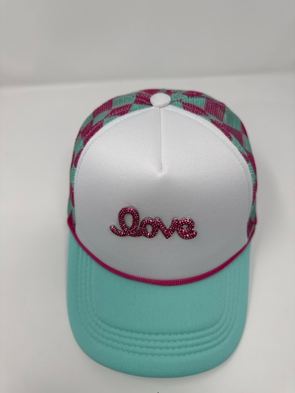 Love Trucker Hat NWOT Aqua Pink Crystal Metal Script Checkered Mesh Snapback